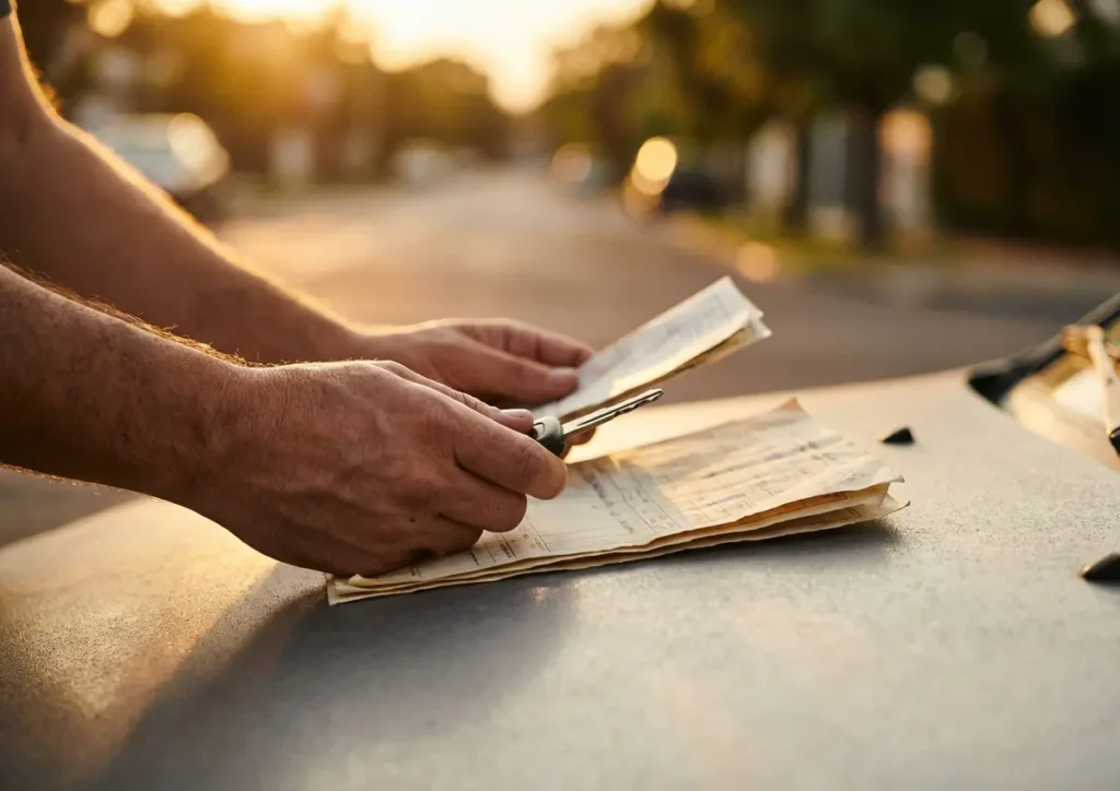 Mãos segurando chave de carro sobre documentos no capô