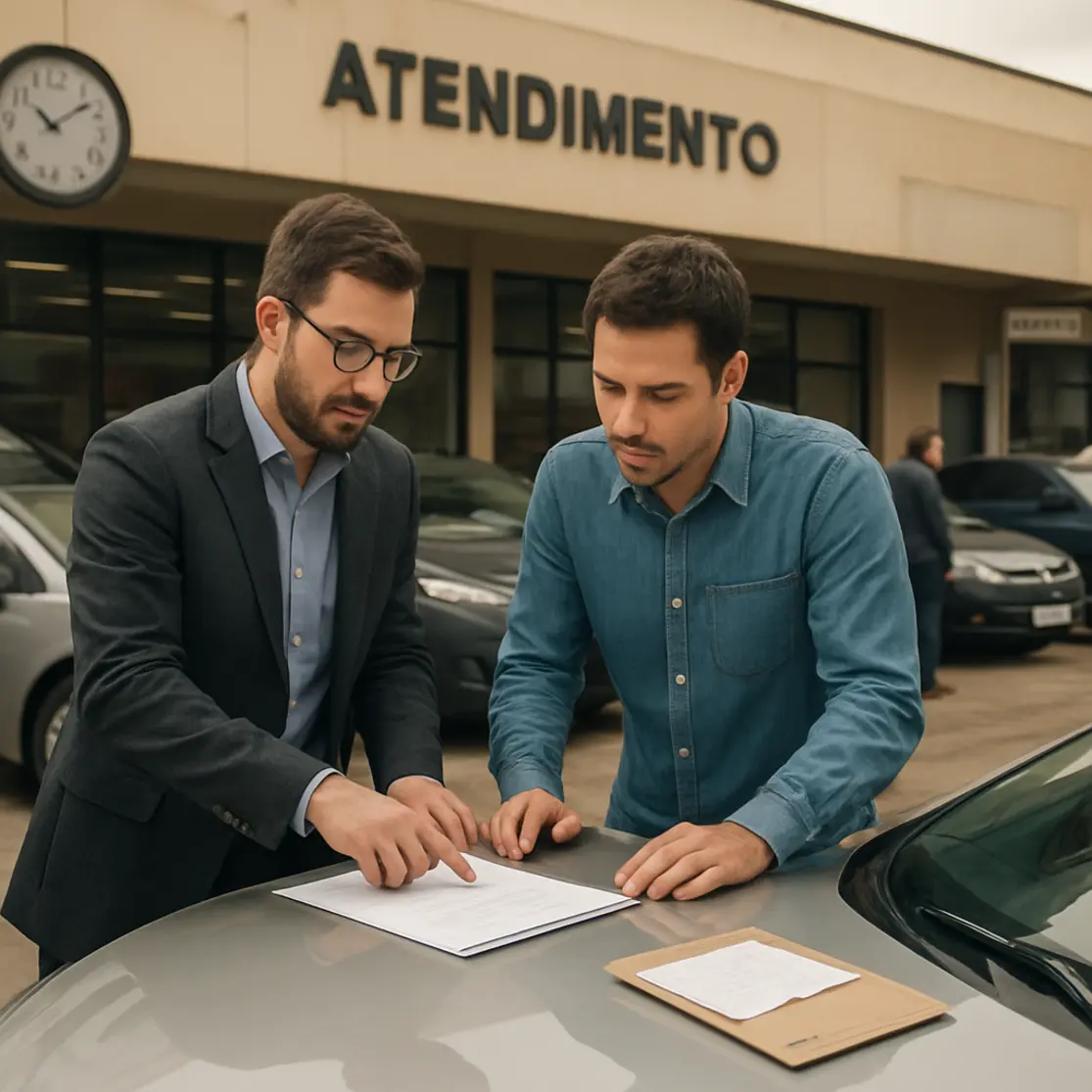 Comprador e vendedor conferindo documentos apoiados no capô do carro na frente do posto