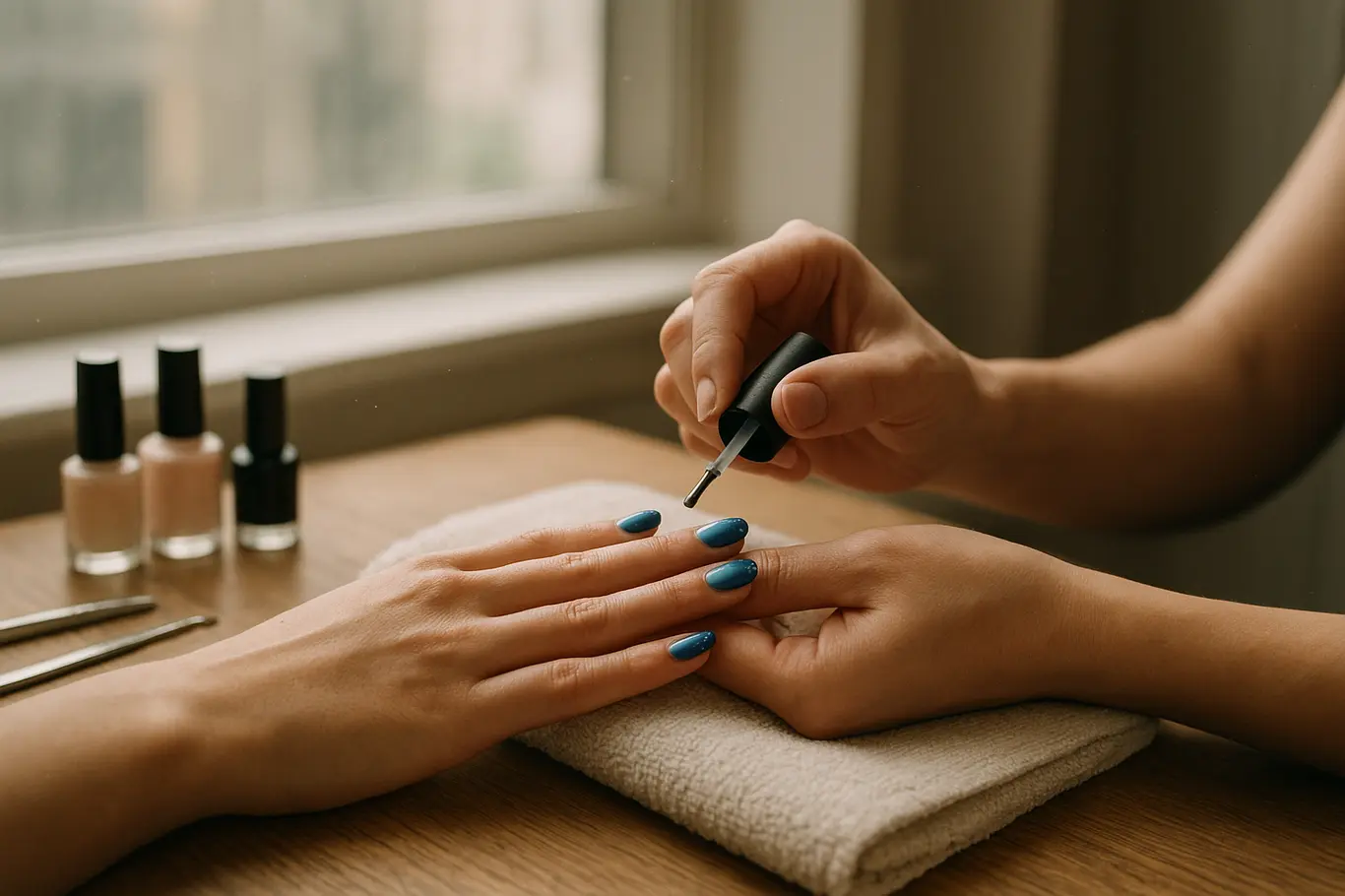 Mãos de manicure aplicando top coat em unhas azuis degradê junto a ferramentas sobre a mesa.