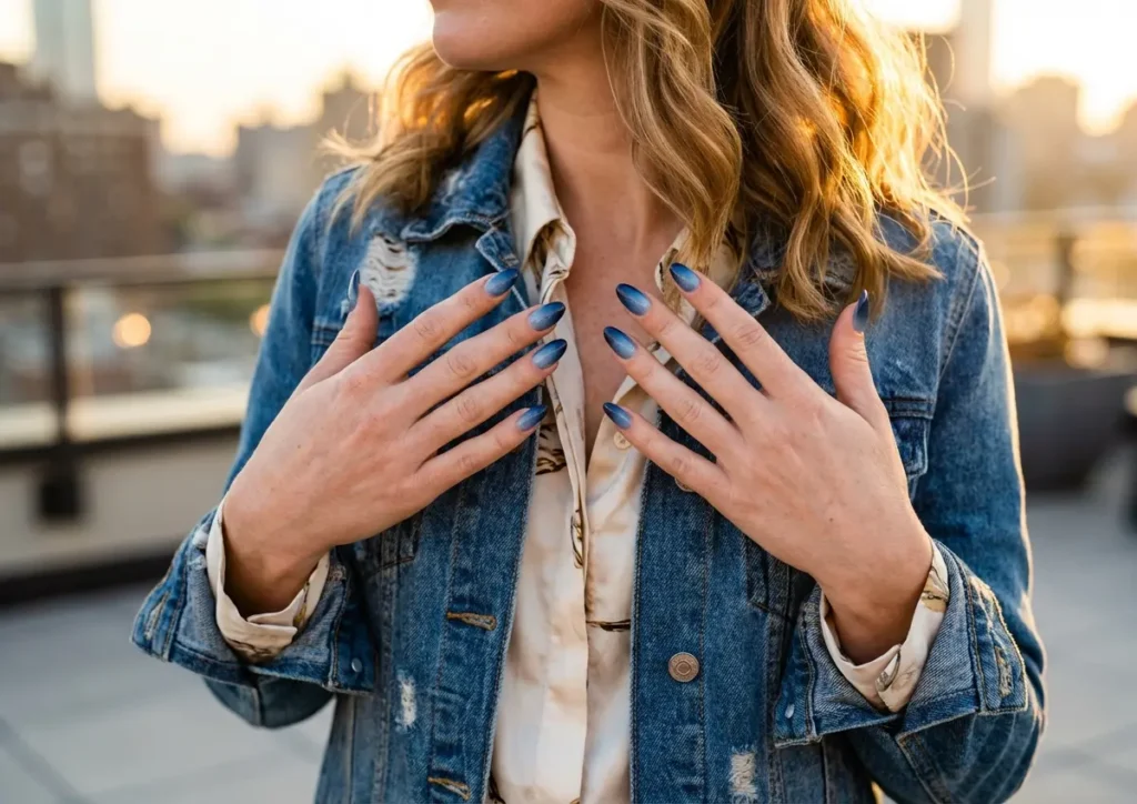 Meio-corpo de mulher em rooftop, mãos com unhas azuis degradê em destaque.