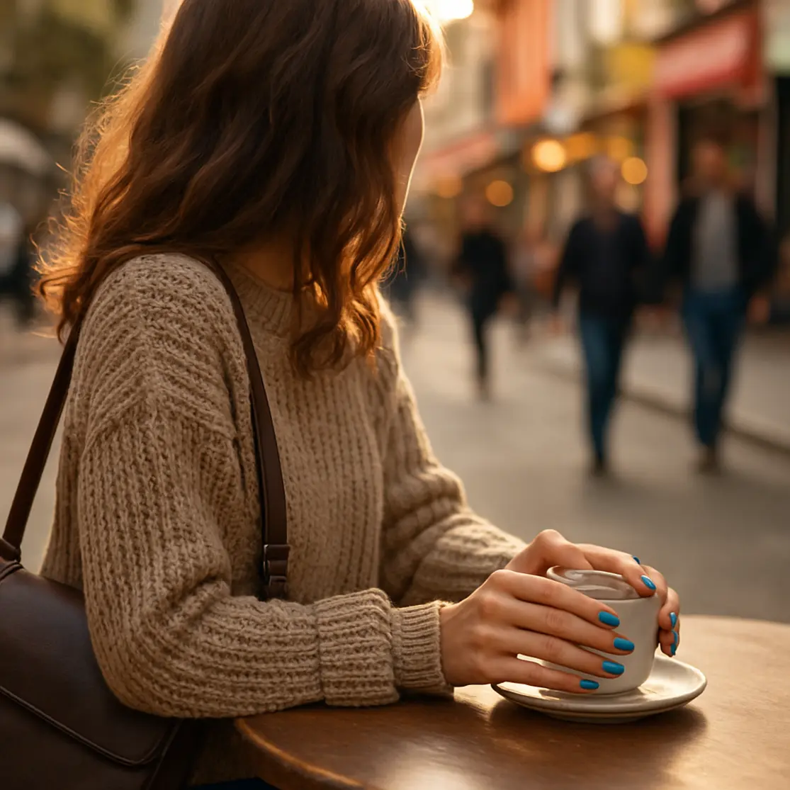Mulher em café na rua com unhas azuis degradê visíveis enquanto segura um copo, cenário urbano ao fundo.