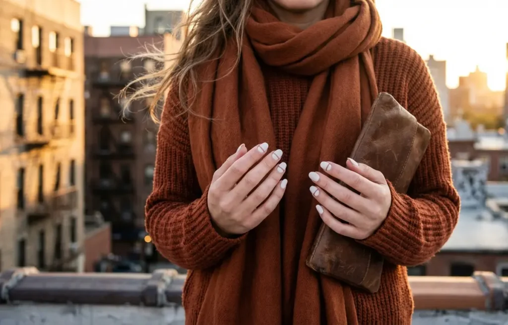 Capa: mãos com unhas brancas decoradas minimalistas, mulher de perfil em cobertura urbana ao pôr do sol.