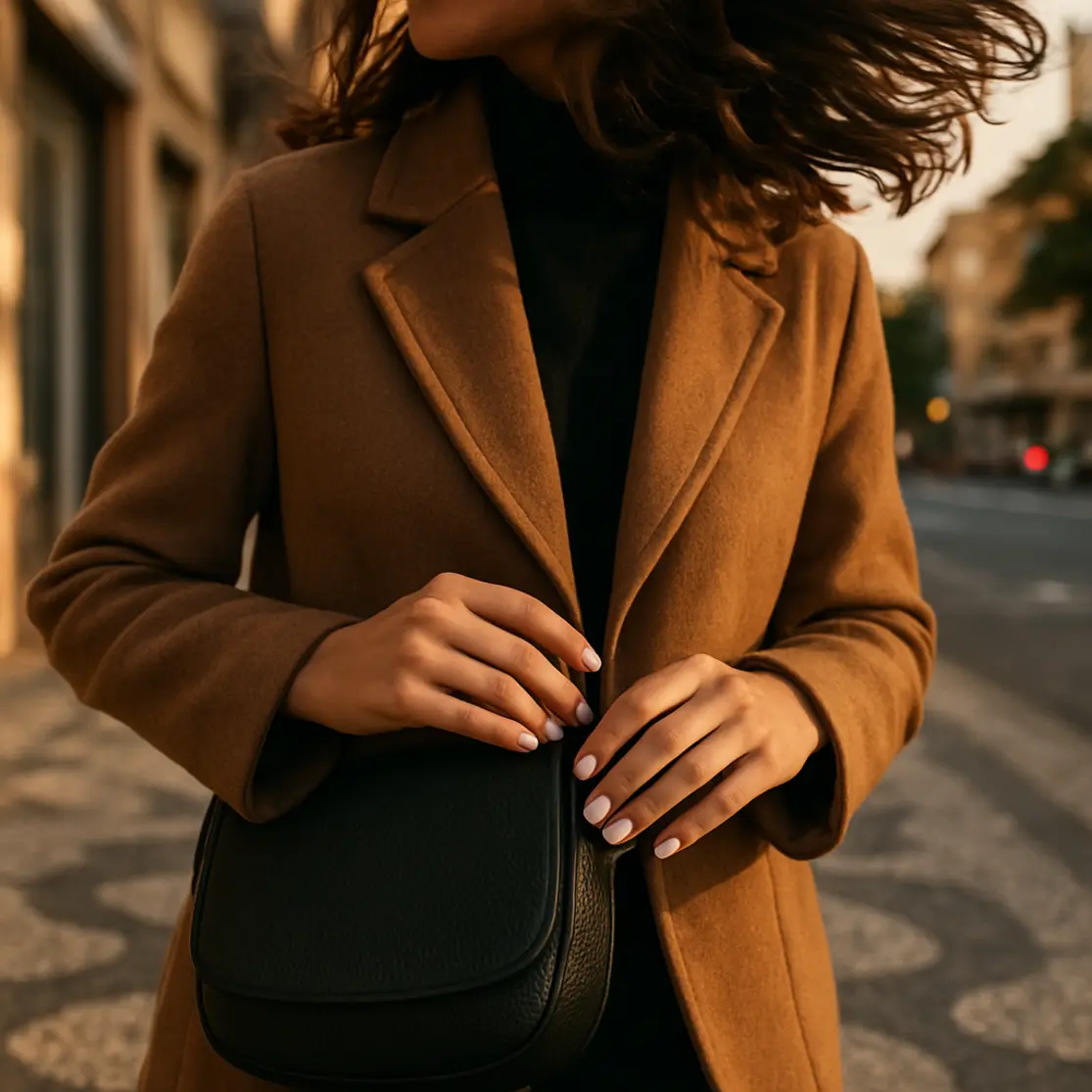 Mãos com unhas brancas minimalistas em rua urbana ao entardecer, ajustando o casaco.