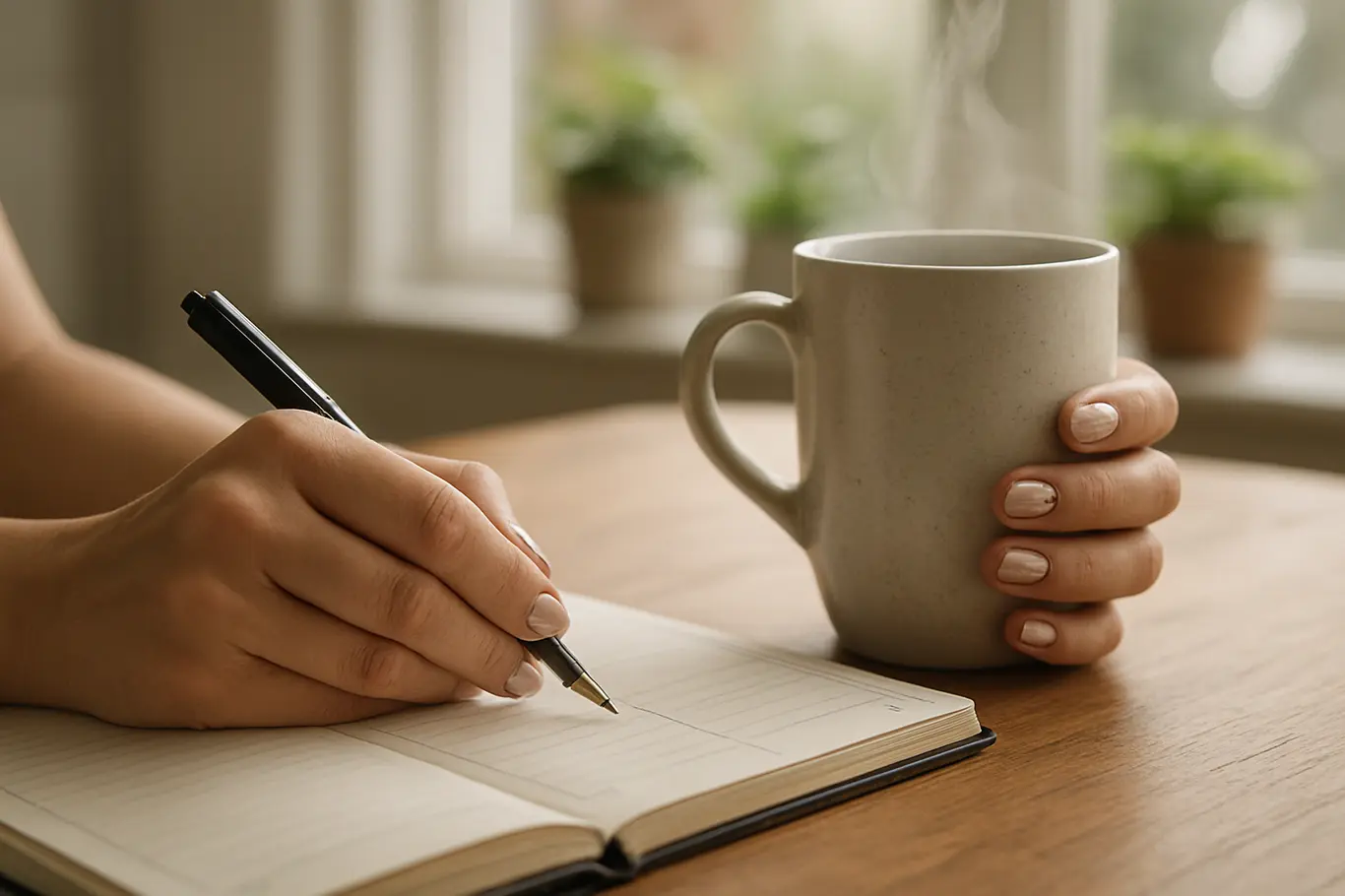 Mãos sobre mesa com planner e caneca, destacando unhas curtas decoradas com traços finos à luz da janela.