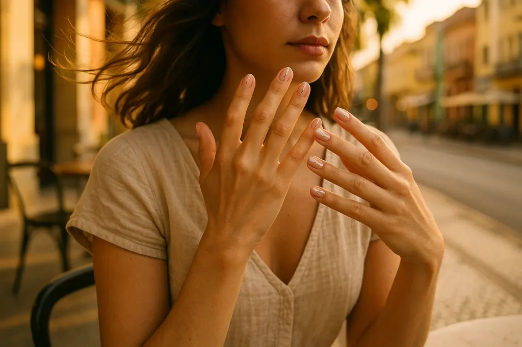 Mulher em café mostrando unhas curtas decoradas com traços finos, vista do tórax para cima.