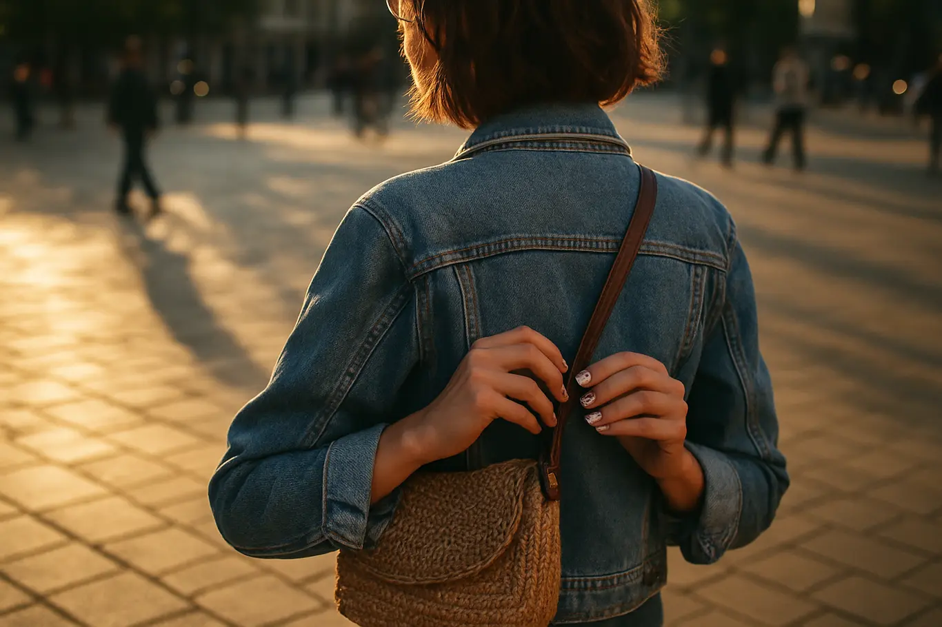 Pessoa de costas ajustando bolsa na praça, com unhas curtas decoradas e traços finos visíveis.
