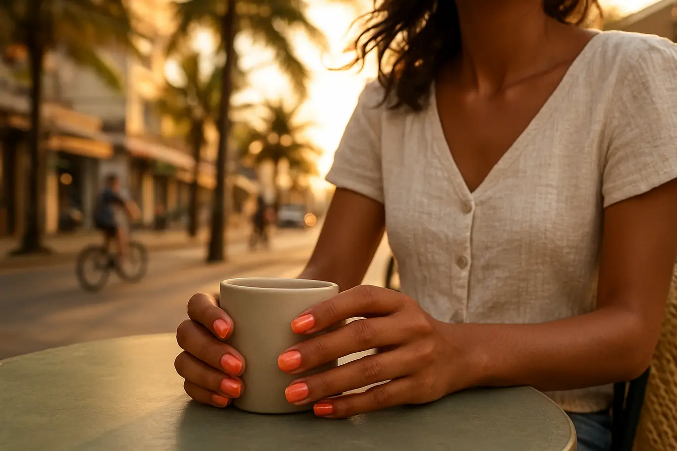 Mãos de morena com unhas degradê laranja-rosa segurando uma xícara em café ao ar livre