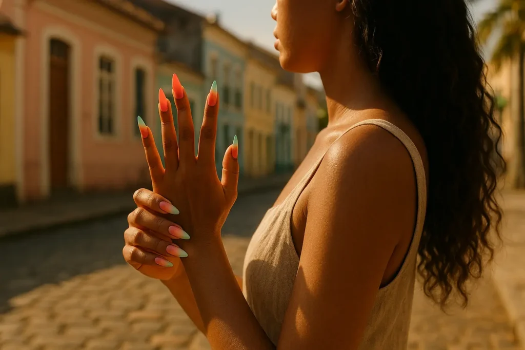 Modelo morena de três-quartos mostrando unhas degradê coral a turquesa ao pôr do sol na rua