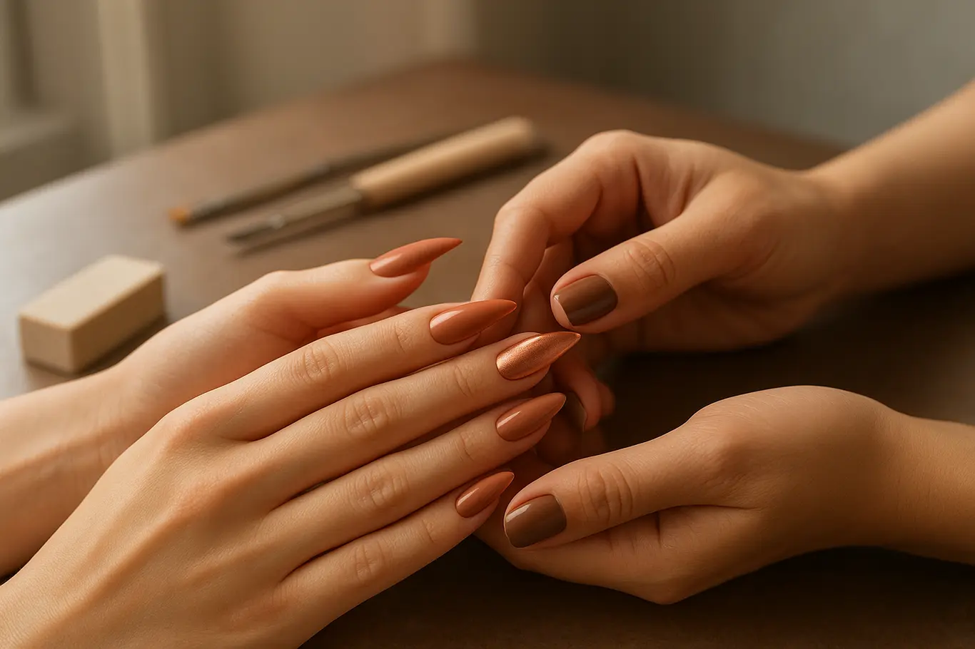 Duas mãos em bancada de salão mostrando diferentes formatos de unhas de gel e ferramentas desfocadas