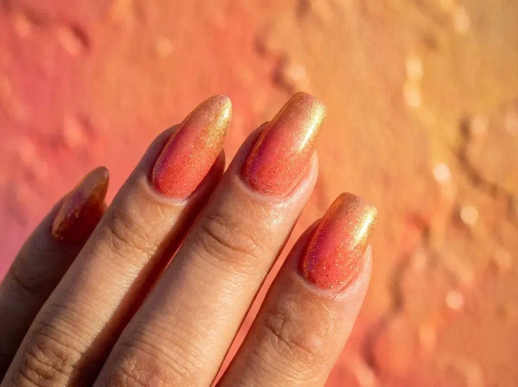Mão com unhas de gel em formatos tendência 2026, acabamento glossy e gradiente quente