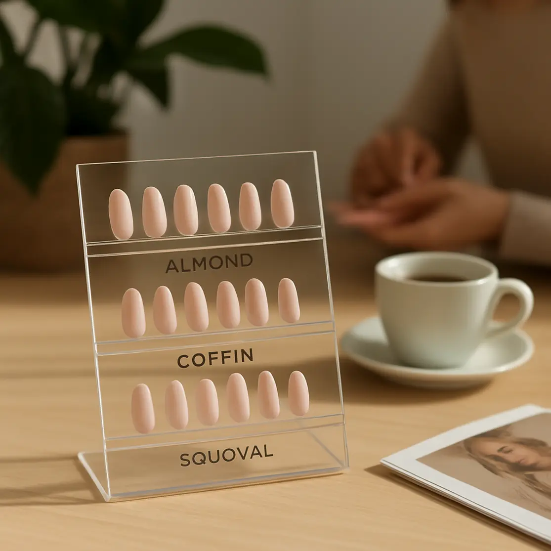 Display de tips com formatos de unhas de gel tendência 2026 em ambiente de salão editorial