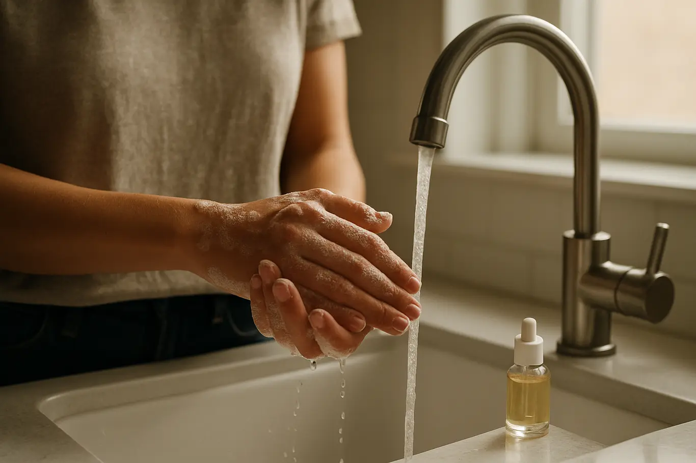 Mãos com unhas de gel lavando-se em pia iluminada por janela, sem rosto visível