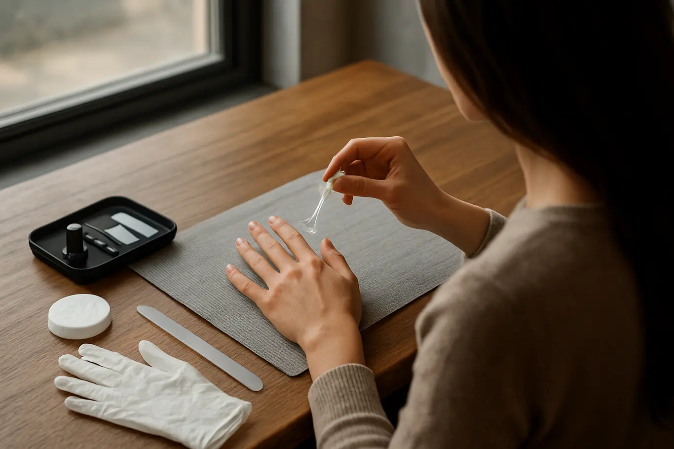 Mãos realizando manutenção das unhas de gel em mesa com kit de cuidados, rosto virado para longe