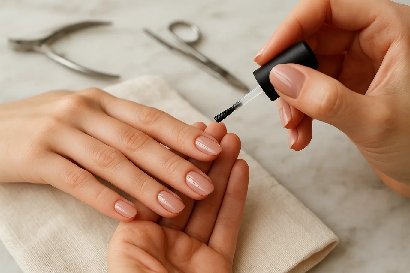 Manicure aplicando top coat em unhas de gel nude com leve destaque em espaço negativo