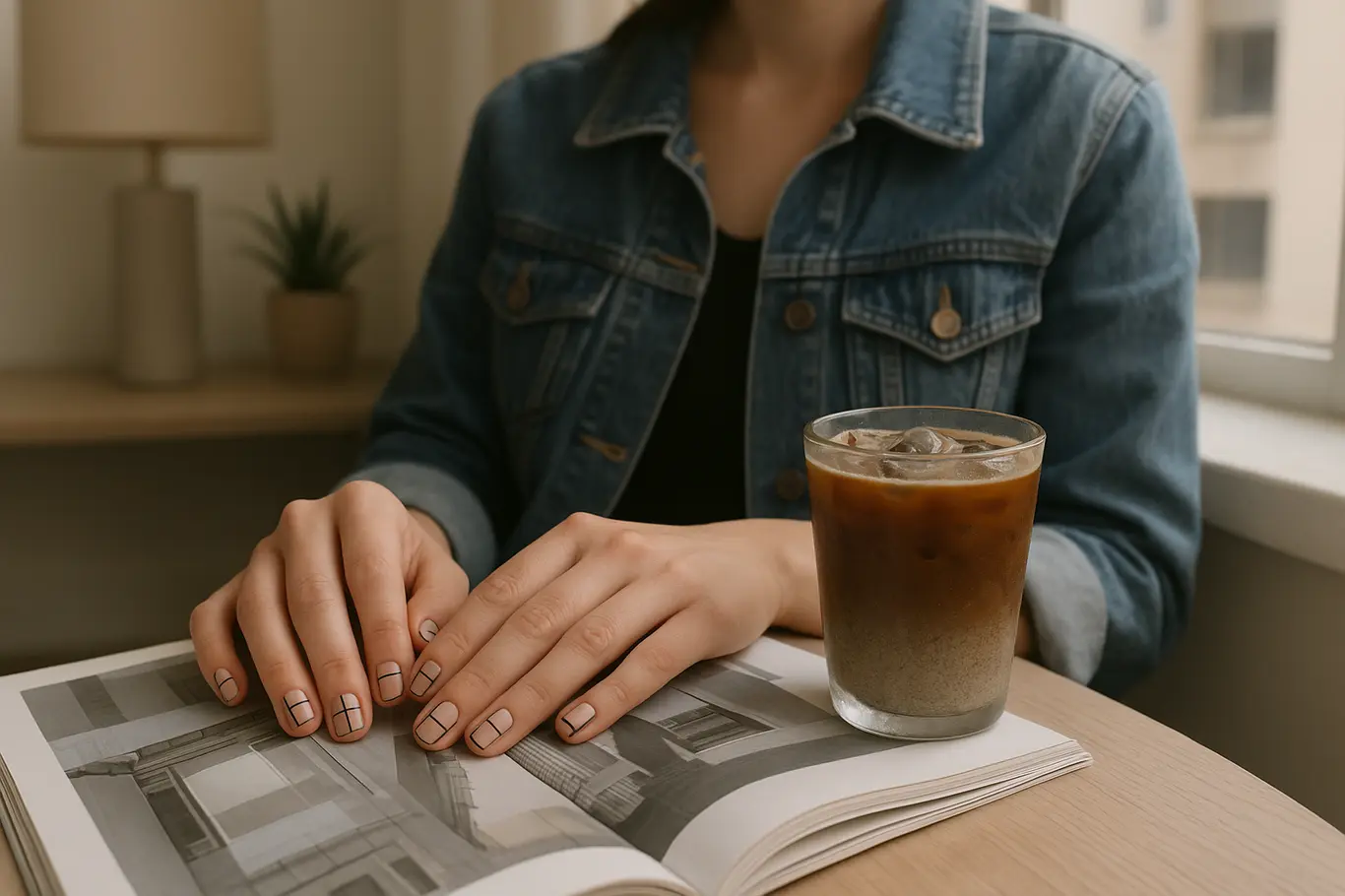 Mãos com unhas geométricas apoiadas em revista e copo com gelo à luz da janela