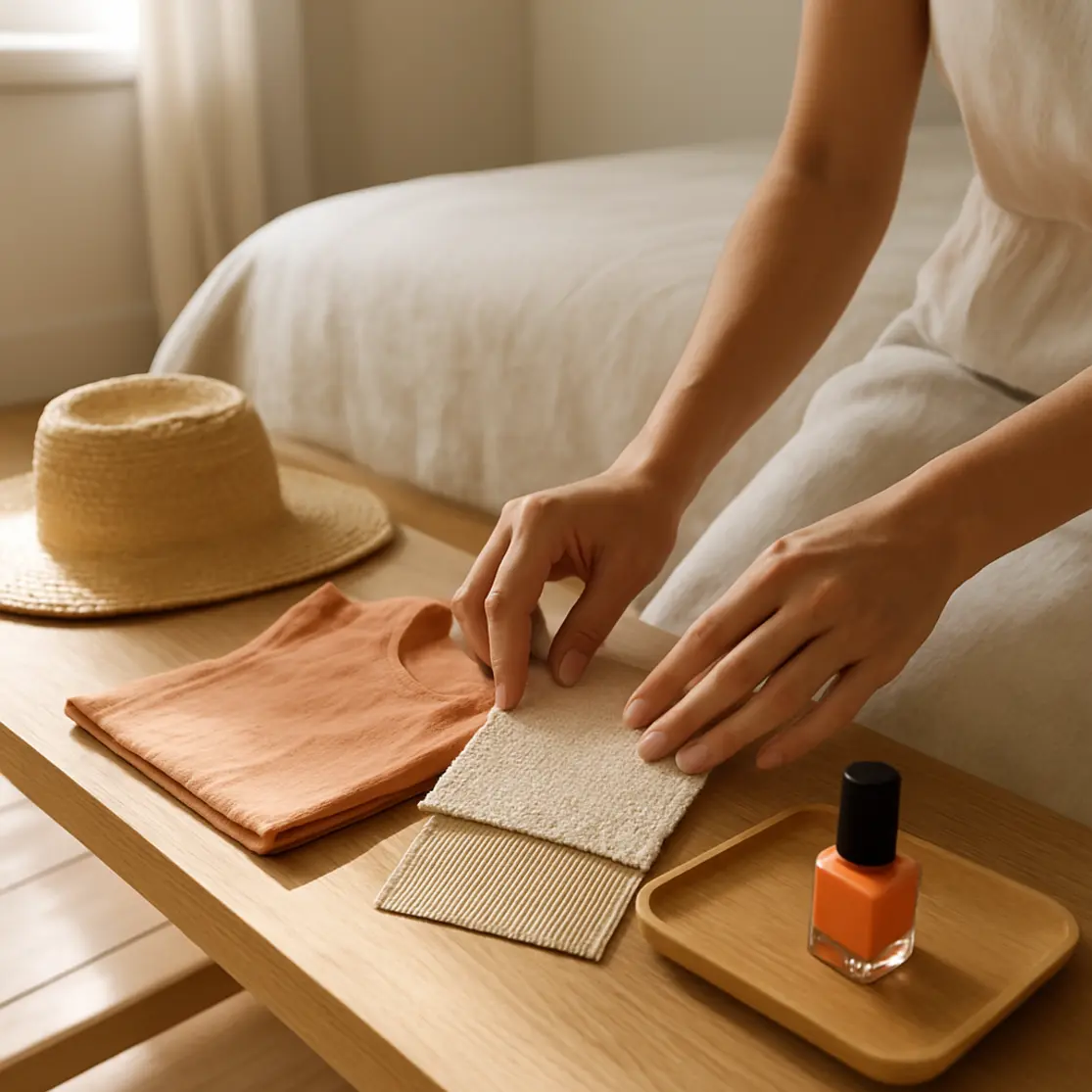 Mãos manicuradas organizando looks e esmaltes sob luz suave de janela, destaque nas unhas laranja