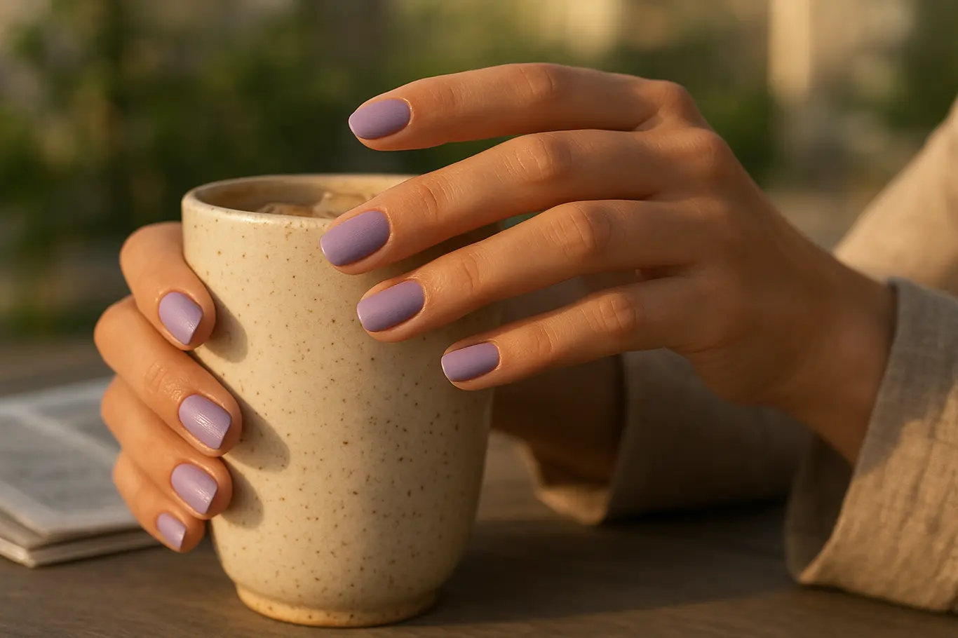 Mãos com unhas lilás segurando copo de café gelado em varanda ensolarada