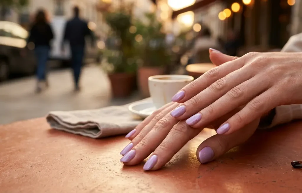 Unhas lilás delicadas 2026: o que importa é o acabamento, não a cor Close-up de unhas lilás delicadas sobre mesa de café ao entardecer