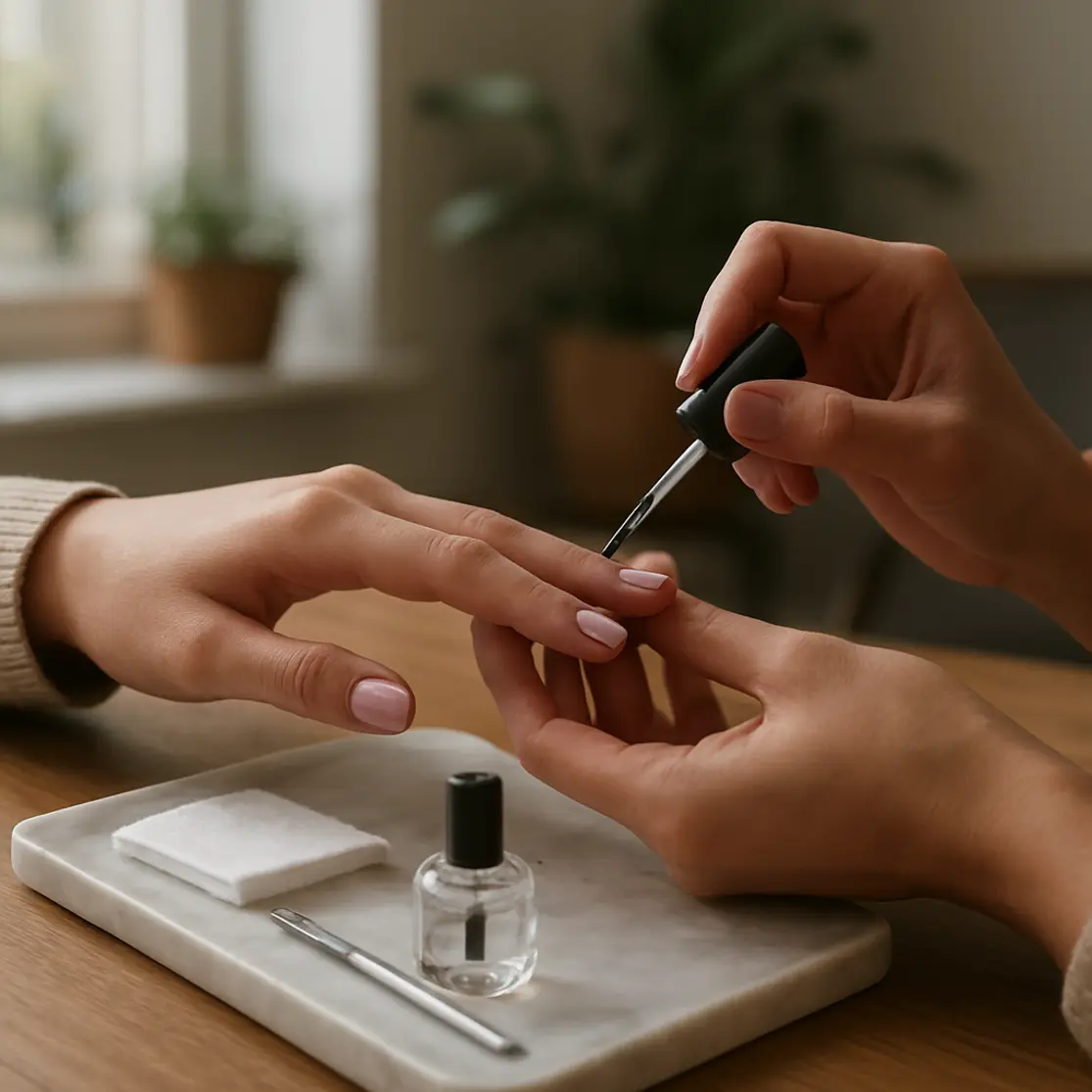 Estação de manicure iluminada por janela, mãos recebendo top coat