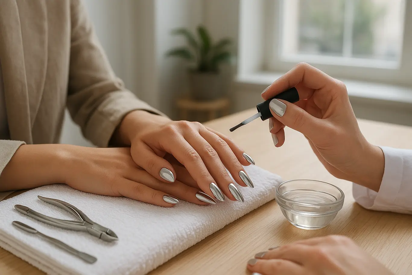Mãos de manicure aplicando top coat brilhante em unhas metalizadas num salão iluminado por janela, sem rosto visível.