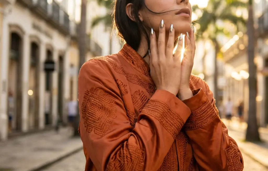 Pessoa cintura para cima em rua brasileira ao pôr do sol exibindo unhas metalizadas cromadas, rosto virado para longe.