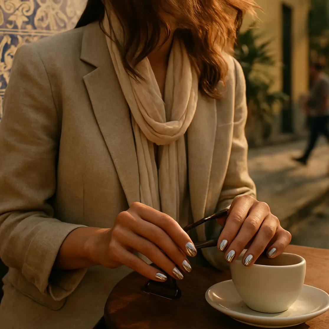 Pessoa sentada em café ao ar livre com unhas metalizadas apoiadas em xícara de cerâmica, cenário urbano brasileiro ao entardecer.
