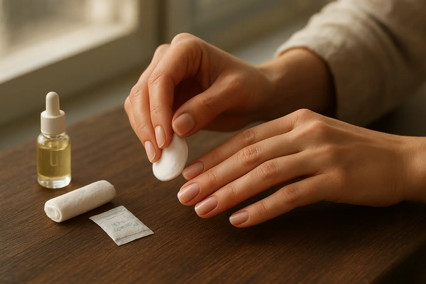 Mãos preparando unhas multicoloridas em varanda: secagem com algodão e top coat, mostrando rotina contra umidade