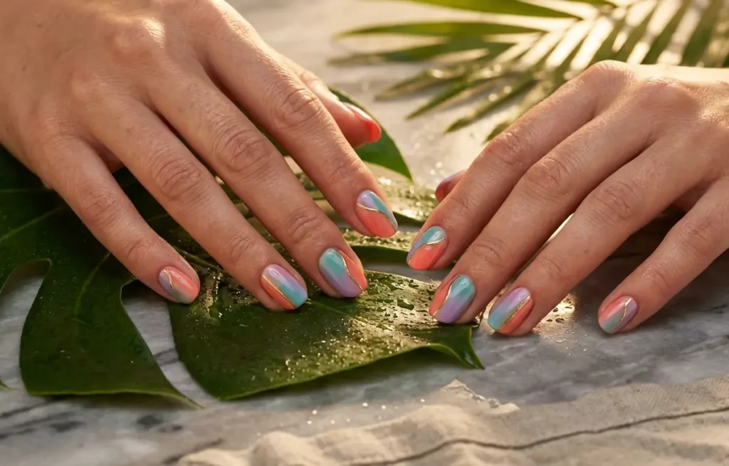 Close-up editorial de mãos com unhas multicoloridas sobre folha úmida e mármore, enfatizando textura e gotas de água
