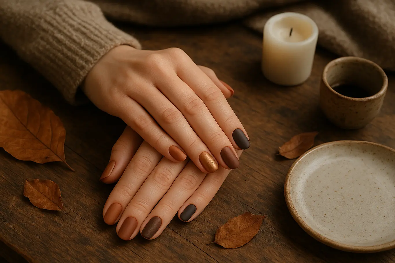Duas mãos sobre mesa rústica exibindo unhas ombré, metalizado e fosco, com folhas secas e cerâmica