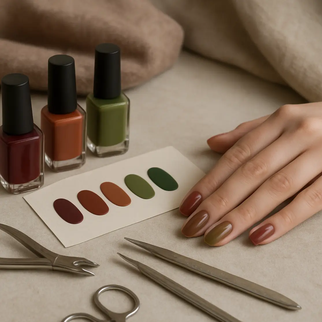Bancada de manicure com frascos de esmalte sem rótulos, paleta de amostras e uma mão ao lado