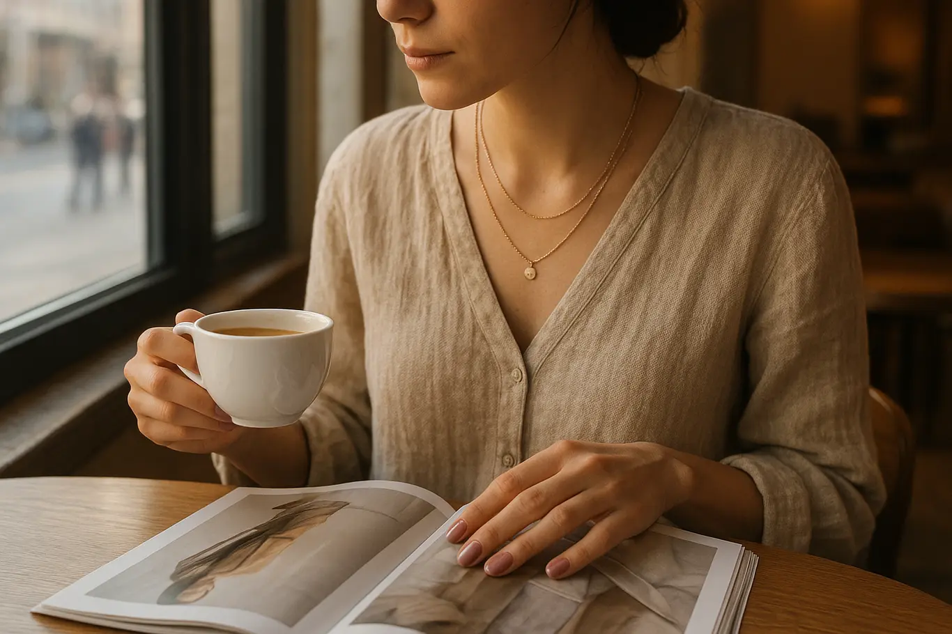 Mãos com unhas rosa pastel segurando xícara junto a revista em café com luz de janela