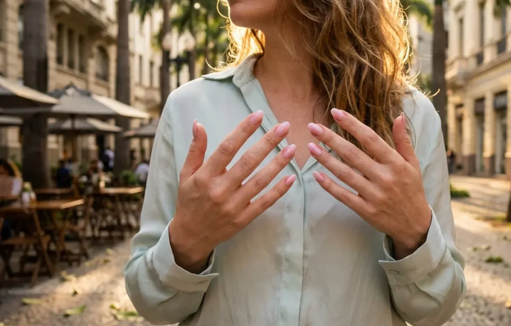 Mulher cintura para cima em avenida ao pôr do sol mostrando unhas rosas em tons pastel