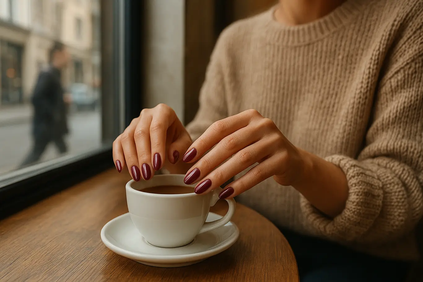 Plano médio interno numa cafeteria, mãos bem cuidadas segurando uma xícara, unhas cor vinho acetinado em destaque.