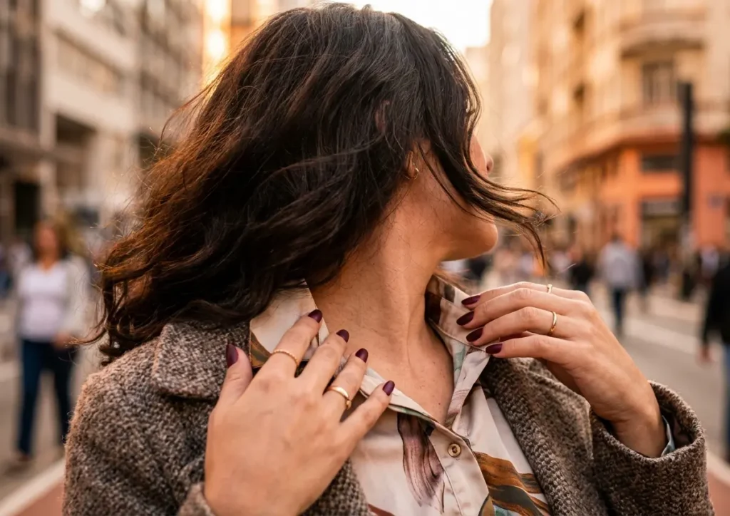 Mulher em plano médio na rua ao pôr do sol, de costas e mãos à mostra exibindo unhas cor vinho com acabamento acetinado.