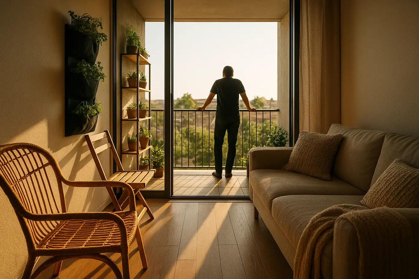 Vista ampla da varanda integrada à sala com jardim vertical e caminho livre