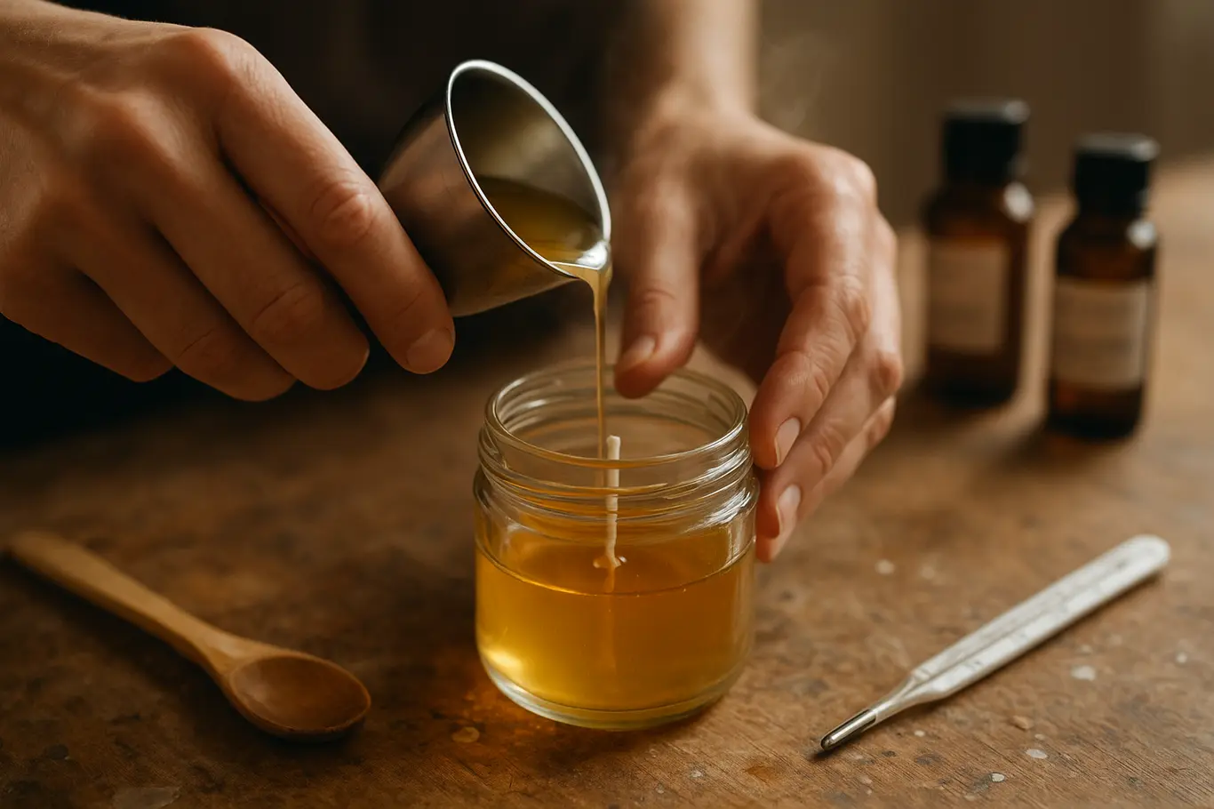 Mãos derramando cera derretida de copo medidor para pote com pavio, etapa do preparo da vela aromática