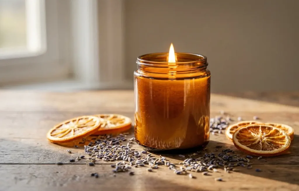 Vela aromática artesanal em vidro âmbar sobre bancada de madeira, flamejando com decoração de lavanda e laranja seca