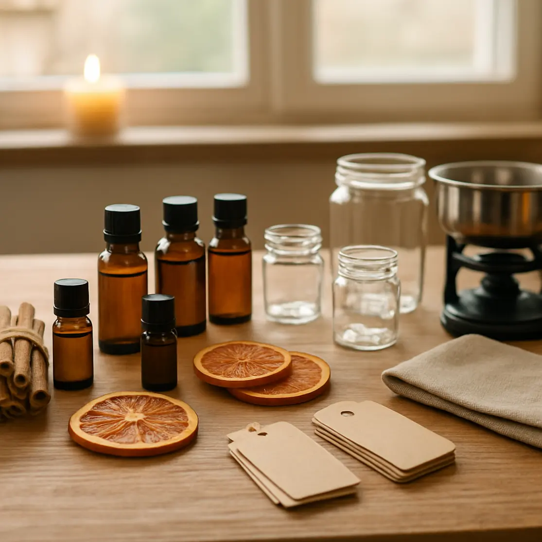 Bancada com materiais para fazer vela aromática em casa: óleos, especiarias, potes e vela pronta ao fundo