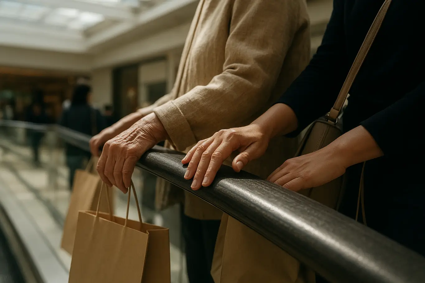 Detalhe de mãos apoiadas no corrimão de escada rolante dentro do shopping, com sacolas sem marcas e pessoas desfocadas ao fundo