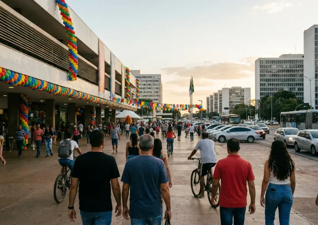 Venâncio completa 49 anos e reforça papel prático no centro de Brasília Fachada do Venâncio Shopping vista em plano aberto com pedestres e ciclistas de costas, decoração festiva sem texto