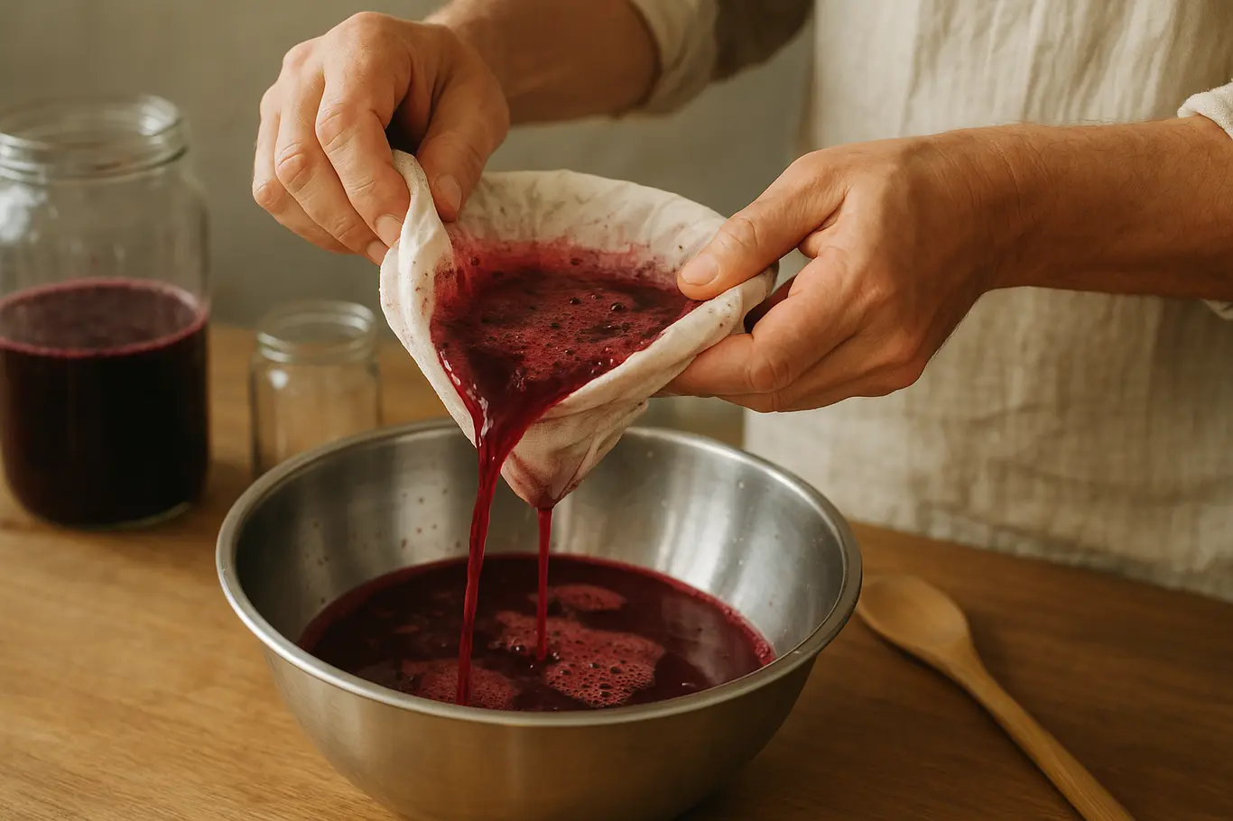 Mãos coando mosto de vinho caseiro com pano sobre funil e bacia de inox