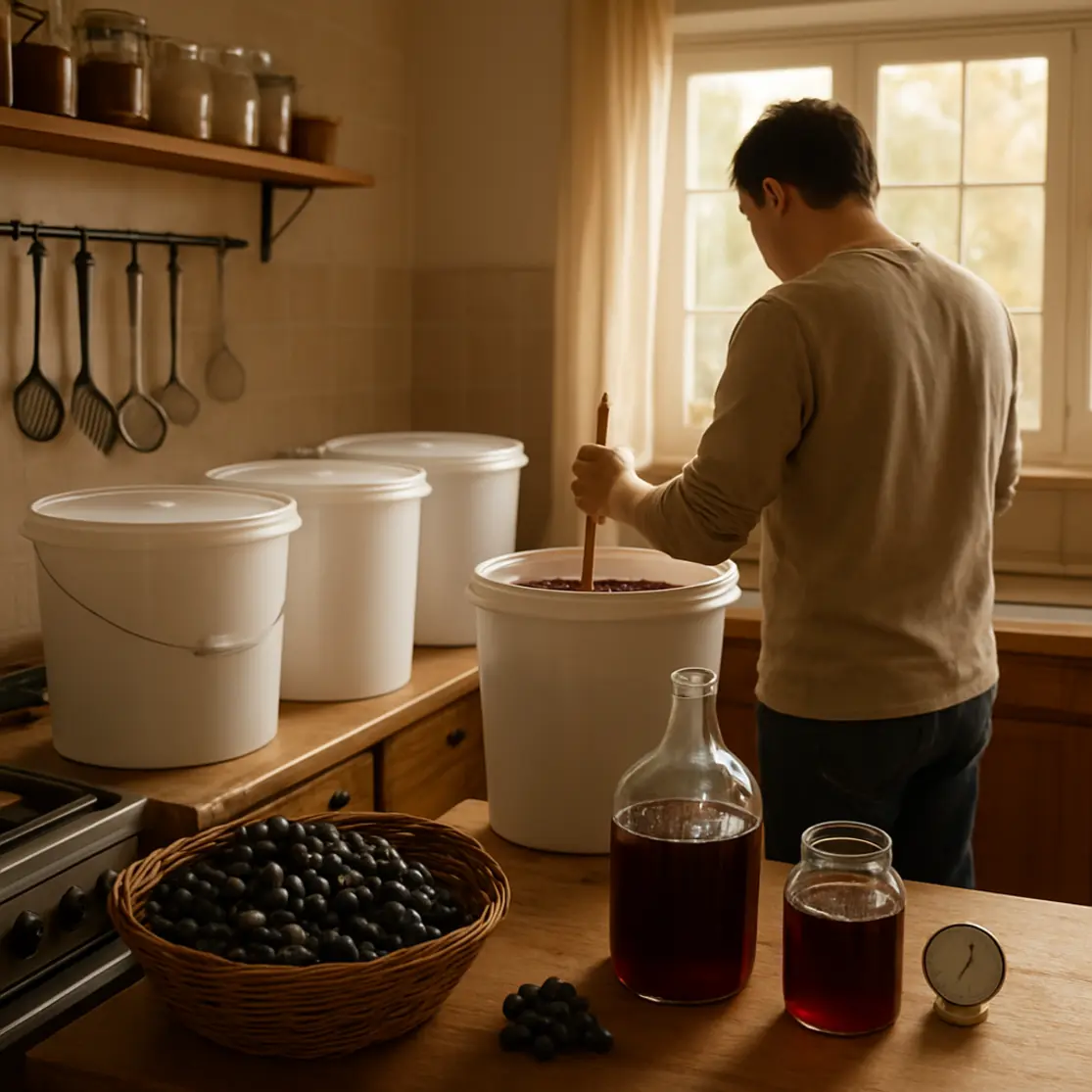 Cozinha com baldes, jarros e cestos de uvas em cena ambiental de produção de vinho