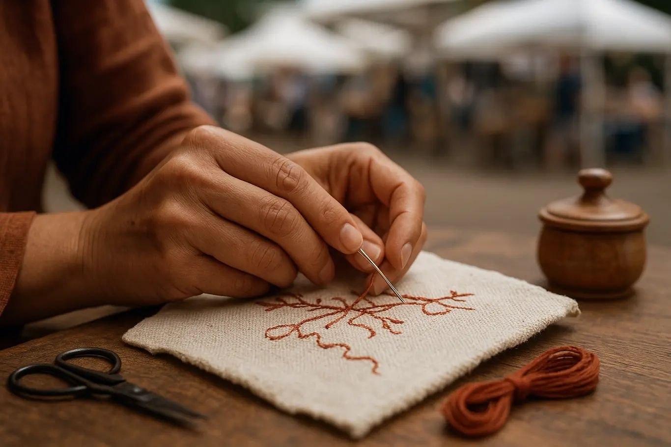 Detalhe das mãos de artesã bordando peça autoral na feira Vitrine Autoral