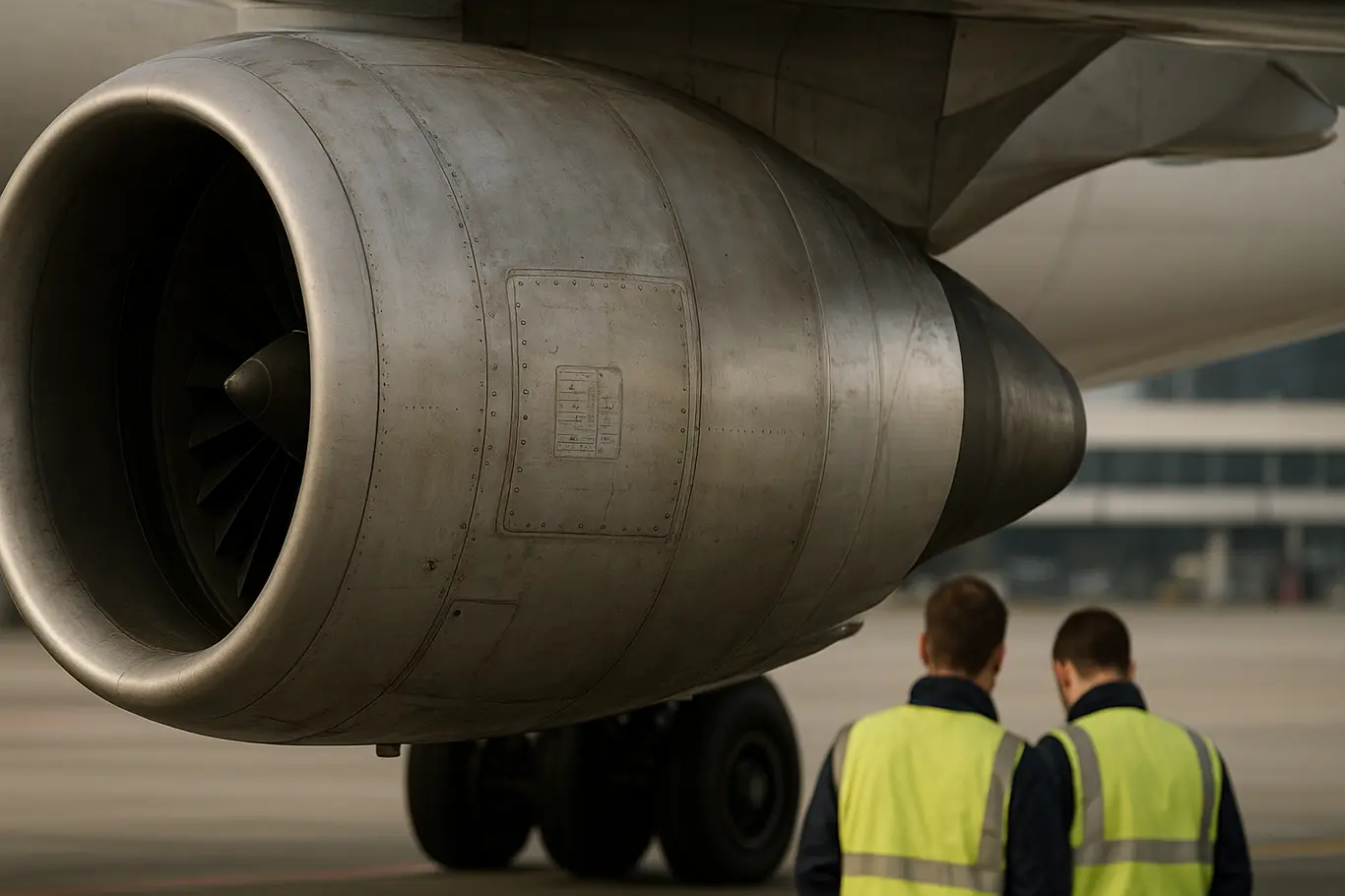Detalhe do motor e winglet do A330neo com técnicos de manutenção de costas, fundo desfocado do pátio.