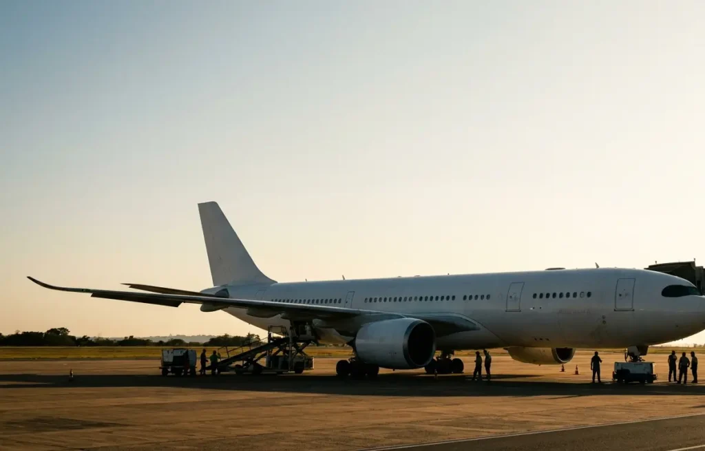 A330neo estacionado no pátio do Aeroporto de Brasília ao entardecer, equipe de solo ao redor, sem logos visíveis.