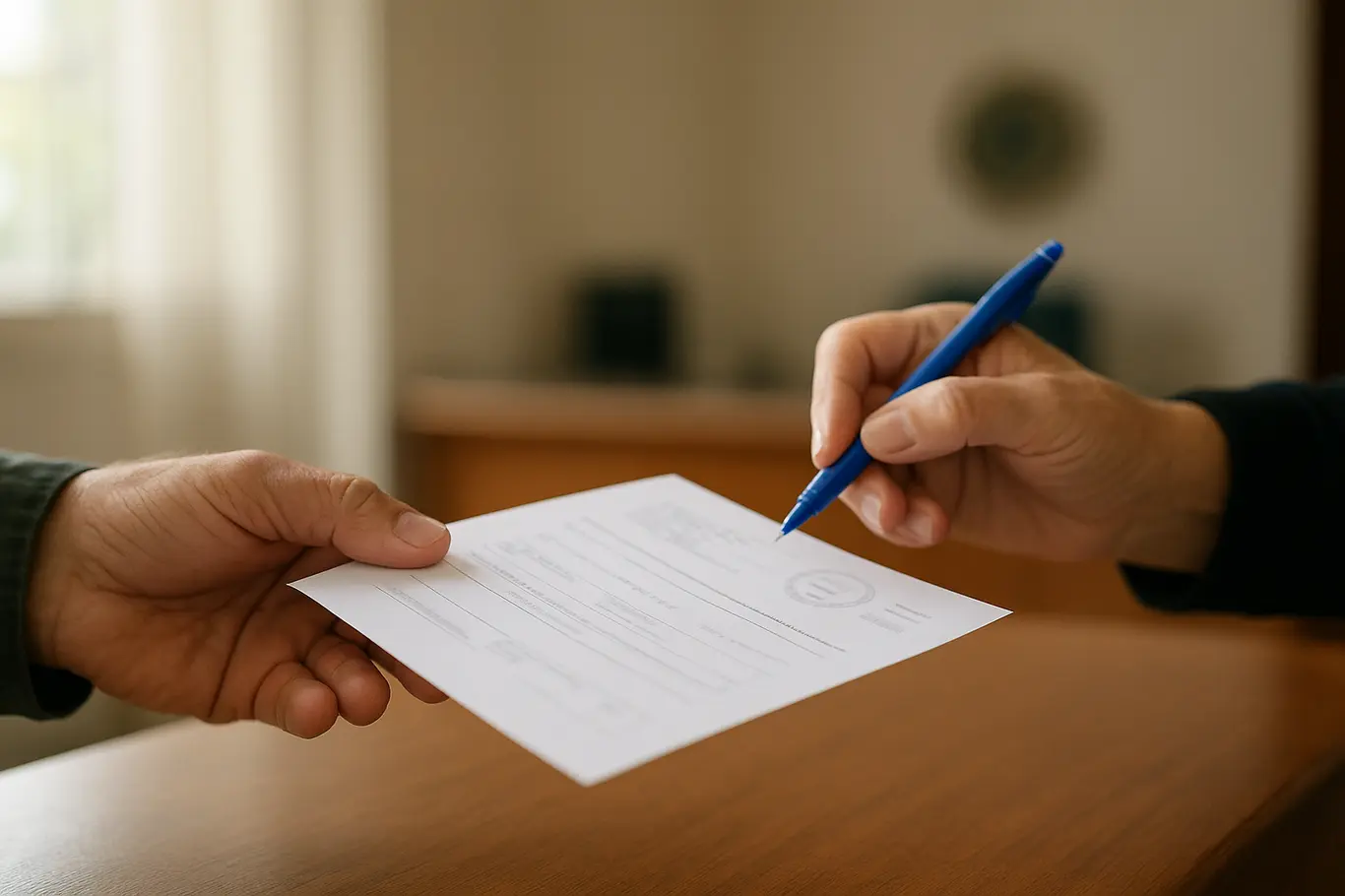 Close-up das mãos trocando ficha de inscrição em papel branco
