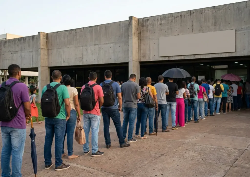 Fila de pessoas de costas em frente à agência do trabalhador no DF