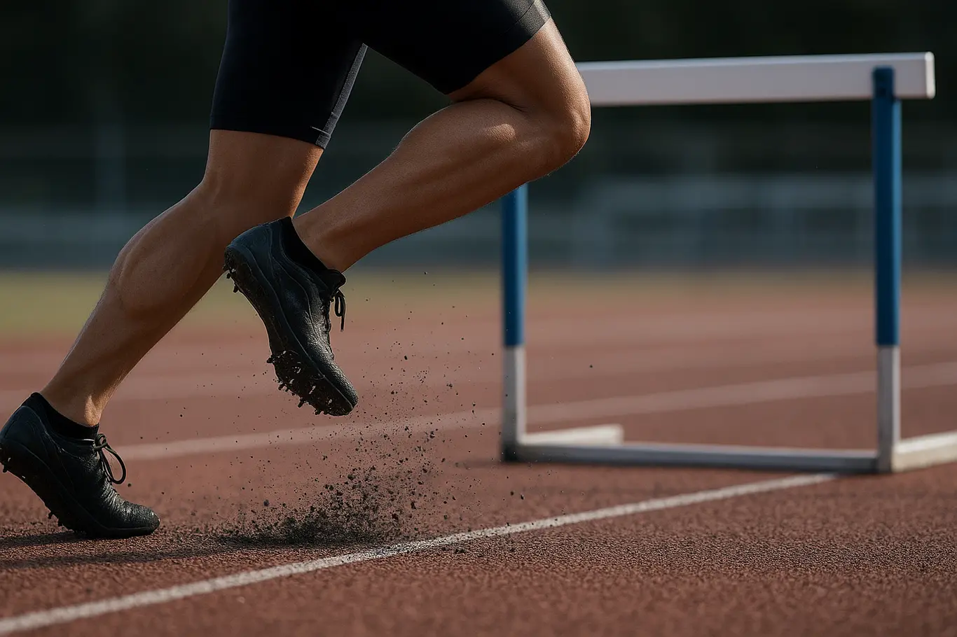 Close nas pernas e sapatos com cravos tocando a pista enquanto atleta supera um obstáculo