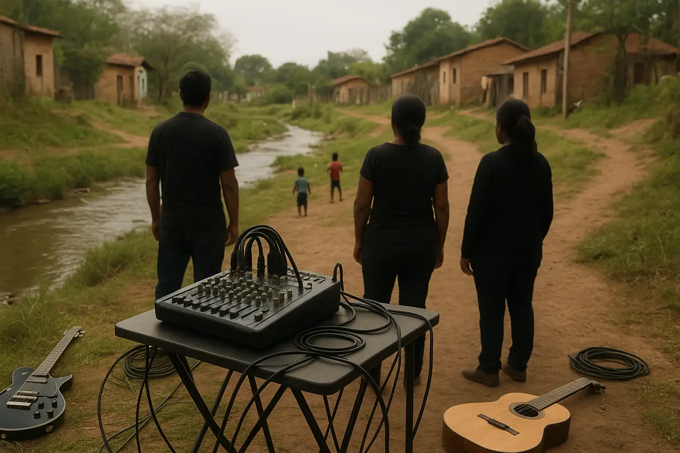 Mesa de mixagem portátil e instrumentos na margem do riacho, moradores de costas ao fundo