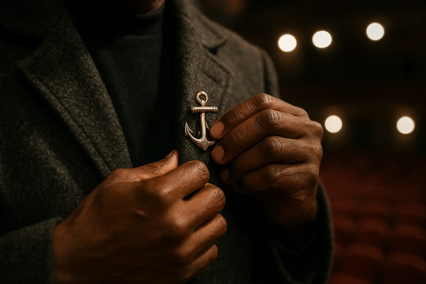 Detalhe das mãos ajustando um broche em forma de âncora no sobretudo do intérprete, fundo do teatro desfocado